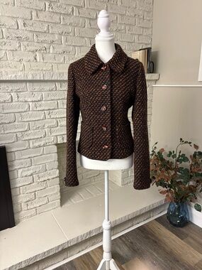 Women's Brown Textured Houndstooth Button Blazer